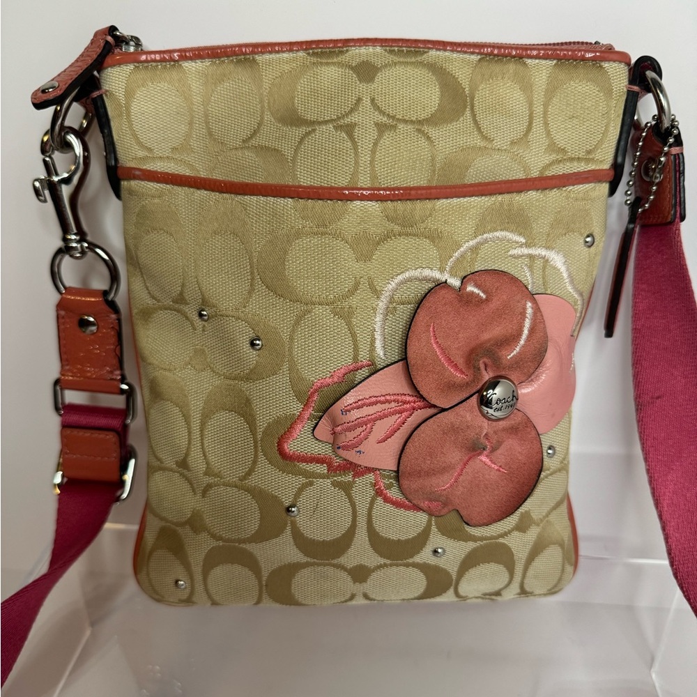 Coach Beige Signature Crossbody with Pink Floral Detail